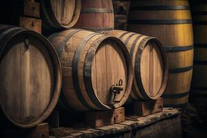 almacenamiento de vino en de madera barriles, largo término envejecimiento de vino generativo ai foto