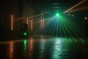 green lasers on an empty dance floor in a nightclub, illustration photo
