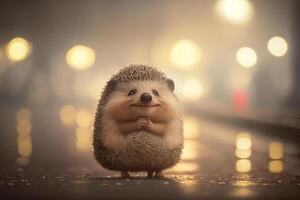 hedgehog with happy smile bright light background photo