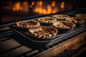 freshly baked pie in the oven on baking sheet illustration photo