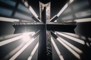 metal cross by light beam, Faith in God Generative AI photo