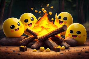 yellow emoticons emoji are resting in nature by the fire illustration photo