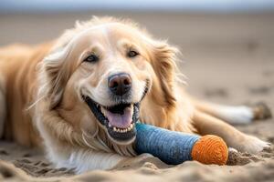 perro mascota Labrador en el costa descansando en el arenoso playa después un caminar generativo ai foto