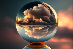 reflection of the cloud sky in a magic transparent glass ball illustration photo