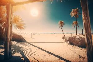 sunny sandy summer beach with palm trees, vacation trip photo