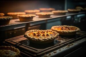 freshly baked pie in the oven on baking sheet illustration photo