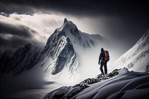 escalada hombre sube Nevado montaña ilustración generativo ai foto