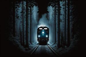 night the train illuminates the headlights of the forest landscape illustration photo