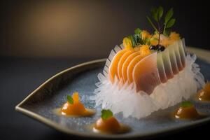 thinly sliced sashimi served on a bed of ice fresh photo