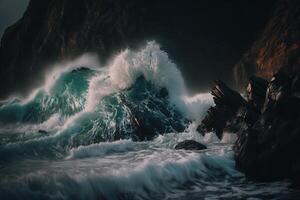 frash ocean waves crash on rocks photo