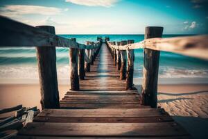 de madera puente albañilería a el mar generativo ai foto