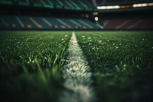 blanco líneas estadio marcas en el estadio verde césped generativo ai foto