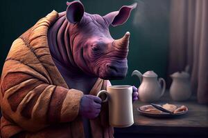 rinoceronte con un taza de café dibujos animados Arte ilustración generativo ai foto