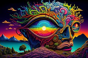 resumen mundo de psicodélicos, LSD dmt viaje ilustración generativo ai foto