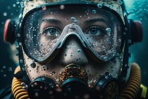 man face under water in waterproof goggles photo