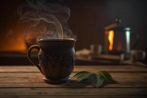 steaming hot tea on wooden table photo