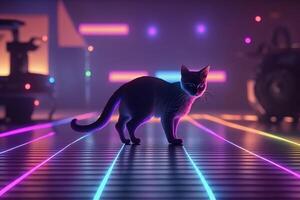 techno cat on the dance floor in purple lights photo