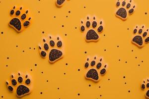 dog paw prints on yellow background photo
