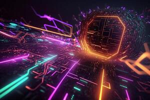 digital cyber security background, information flow neon lighting illustration photo