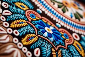 ukrainian vyshyvanka, handmade embroidery on fabrics with colored patterns photo