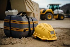 construction site suitcase with tools and yellow construction helmet photo