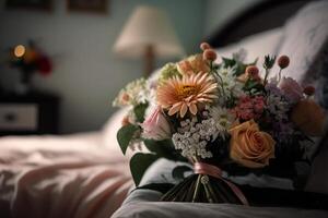 8 march gift women holiday, bouquet of flowers in bed illustration photo