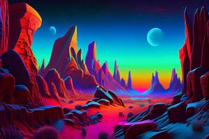 acid color mountains and sky night landscape cosmic background illustration photo