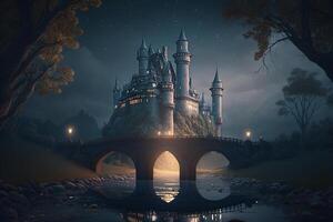 night mystical castle with towers on the river shore photo