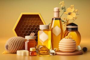 propóleos botellas con abeja extraer productos cosméticos establecido en cera de abejas belleza piel cuidado ilustración generativo ai foto