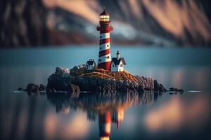 an island with a lighthouse in the sea to illuminate ships photo