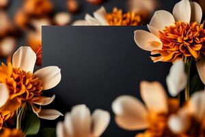 beige flowers on black background greeting card celebration March 8 copy space mockup illustration photo