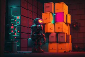 robot in warehouse with boxes and containers looking for a parcel illustration photo