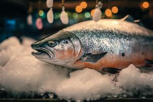 frozen trout fish in ice on a shop store illustration photo