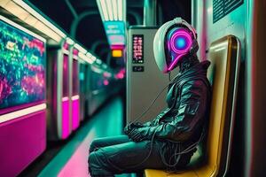 futurista neón robot cyborg escucha a música con auriculares en el subterraneo ilustración generativo ai foto