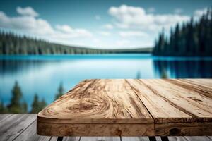 de madera mesa en el antecedentes de un bosque lago vacío Copiar espacio generativo ai foto