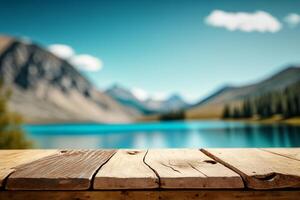 empty display wooden table and forest lake background empty copy space . photo