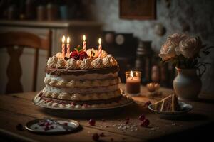 cumpleaños pastel con ardiente velas ilustración generativo ai foto
