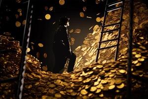 silhouette man on golden coins room with ladder, financial responsibility, debt hole photo