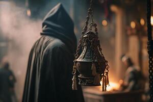 censer hanging on chains with incense smoking photo