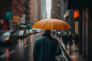 rainy weather, a man with an umbrella walks down the street illustration photo