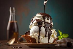 scoop of velvety vanilla ice cream with hot chocolate photo