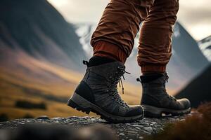 man legs with boots walking a ground round photo