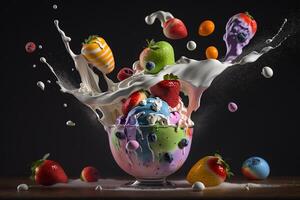 Fruta yogur chapoteo Leche soplar sabores ilustración generativo ai foto