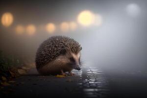 hedgehog in the fog on the road photo