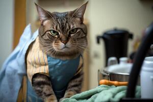 cat cook in an apron cooks in the kitchen photo