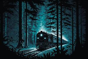 noche el tren ilumina el faros de el bosque paisaje ilustración generativo ai foto