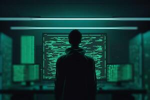 hacker silhouette in front of monitors hacks servers illustration photo