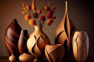 handmade stylish wooden vases, handicraft art in wood illustration photo