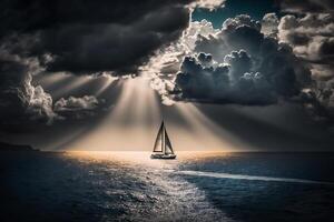 sailing sea yacht sails under the sun rays from the clouds photo