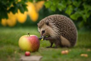 erizo recoge manzanas en el jardín en un cesta ilustración generativo ai foto